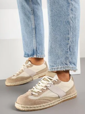 Ciemnobeżowe Sneakersy w Stylu Klasycznych Tenisówek z Ozdobnymi Przeszyciami Emloti