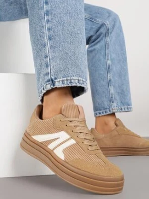 Ciemnobeżowe Sneakersy w Stylu Tenisówek na Grubej Podeszwie z Geometrycznym Wzorem Wevirra