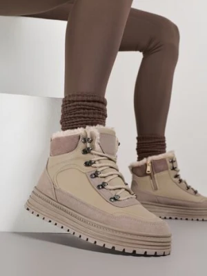 Ciemnobeżowe Sneakersy w Stylu Traperów na Platformie Ewedora fashion