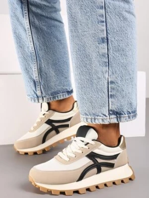 Ciemnobeżowe Sneakersy z Bieżnikiem i Wstawkami Timayla