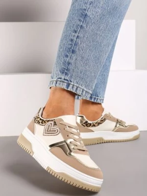 Ciemnobeżowe Sneakersy z Brokatową Naszywką w Kształcie Serca Avioneria