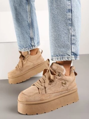 Ciemnobeżowe Sneakersy z Ekozamszu na Grubej Podeszwie Wyściełane Futerkiem Senavel