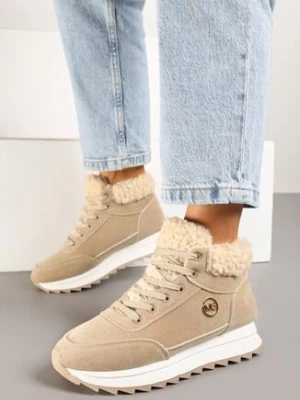 Ciemnobeżowe Sneakersy z Imitacji Zamszu Mocno Ocieplane Futrem Metarilea