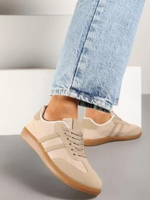 Ciemnobeżowe Sneakersy z Imitacji Zamszu na Płaskiej Podeszwie Memeriana