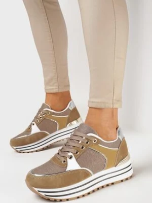 Ciemnobeżowe Sneakersy z Materiałowymi Wstawkami i Brokatem Jutofa