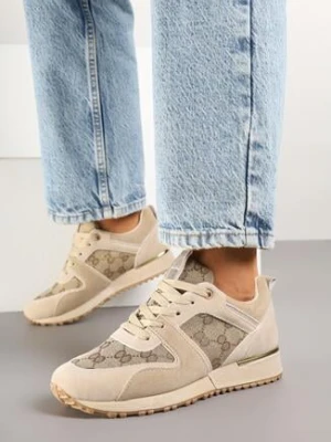 Ciemnobeżowe Sneakersy z Ozdobną Materiałową Wstawką Fanirsa