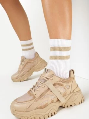 Ciemnobeżowe Sneakersy z Tłoczeniami i Amortyzującą Wkładką Funzea