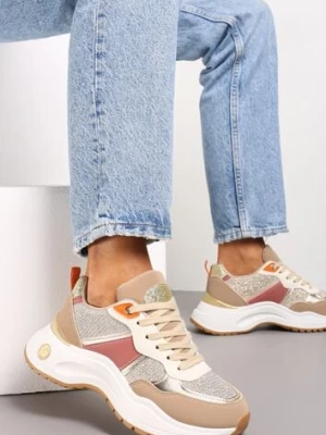 Ciemnobeżowe Sneakersy z Tłoczonego Materiału z Brokatowymi i Metalicznymi Wstawkami Thermia