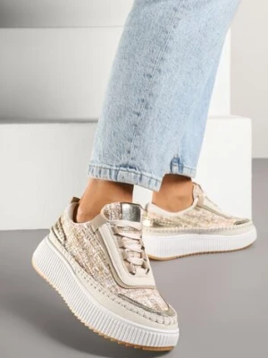 Ciemnobeżowe Sneakersy z Tweedowymi Zdobieniami i Przeszyciami na Platformie Ulandrelia