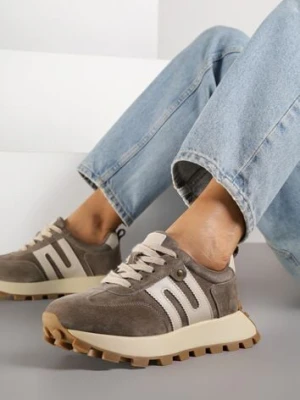Ciemnobeżowe Sneakersy ze Skóry Naturalnej Ozdobione Geometrycznym Wzorem Melassea