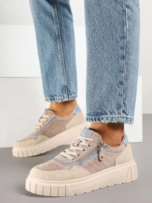 Ciemnobeżowe Sneakersy ze Skóry Naturalnej z Ozdobnym Suwakiem Tilliraya badoxx