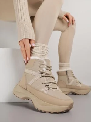 Ciemnobeżowe Śniegowce na Grubej Podeszwie z Geometrycznym Wzorem Alwedea