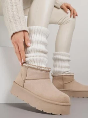 Ciemnobeżowe Śniegowce na Grubej Podeszwie Zdobione Haftem Sewnella ballada