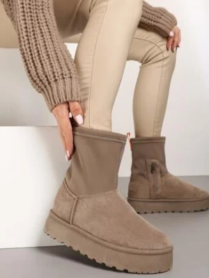 Ciemnobeżowe Śniegowce na Płaskiej Podeszwie ze Skarpetową Cholewką Sevinae