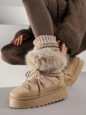 Ciemnobeżowe Śniegowce na Platformie Ozdobione Futerkiem Teswena bellamila