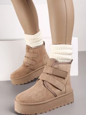 Ciemnobeżowe Śniegowce na Platformie z Zapięciem na Rzep Tarimelle