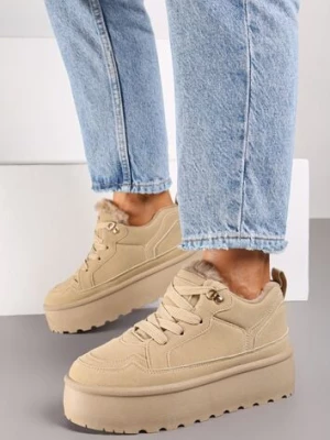 Ciemnobeżowe Sneakersy Stylizowane na Śniegowce Ozdobione Futerkiem Maviena