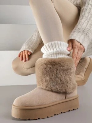 Ciemnobeżowe Śniegowce z Cholewką za Kostkę Ocieplane z Futerkiem i Małą Kokardą Reinedia