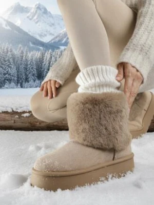 Ciemnobeżowe Śniegowce za Kostkę Mocno Ocieplane z Futerkiem na Platformie Reilanna