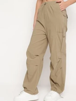 Ciemnobeżowe Spodnie Bojówki z Wysokim Stanem z Gumką w Pasie z Kieszeniami Biorella h&s