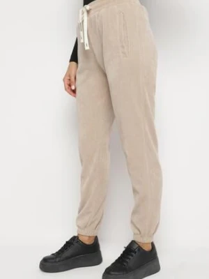 Ciemnobeżowe Spodnie Dresowe z Dodatkiem Bawełny z Wysokim Stanem i Gumką w Talii Xesaria h&s