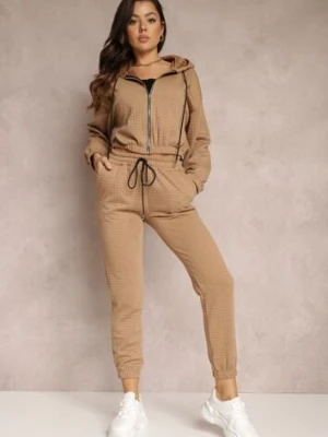Ciemnobeżowe Spodnie Dresowe z Tłoczeniem Alase