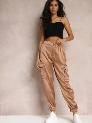 Ciemnobeżowe Spodnie Joggery z Kieszeniami Cargo na Rzep Jeandal hello miss