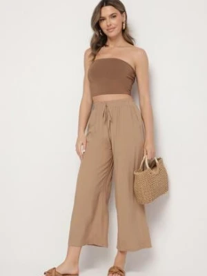 Ciemnobeżowe Spodnie ne Spodnie z Szerokimi Nogawkami Palazzo z Gumką w Pasie Nesira defox
