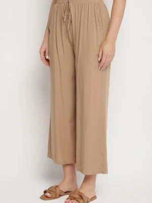 Ciemnobeżowe Spodnie ne Spodnie z Szerokimi Nogawkami Palazzo z Gumką w Pasie Nesira defox