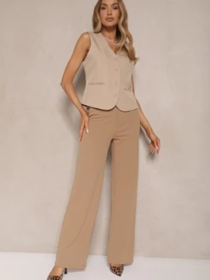 Ciemnobeżowe Spodnie o Garniturowym Fasonie z Wiskozą i Prostymi Nogawkami Senarielia by swan