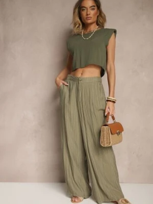 Ciemnozielone Spodnie o Szerokim Kroju High Waist Natoreia