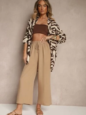 Ciemnobeżowe Spodnie z Bawełny Typu Palazzo z Gumką w Talii Fieana defox