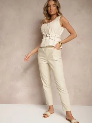 Ciemnobeżowe Spodnie z Bawełny z Ozdobnym Wiązaniem Siltebia h&s