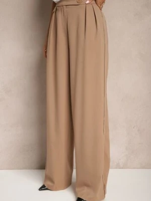Ciemnobeżowe Spodnie z Wiskozą o Szerokim Kroju z Imitacją Kieszeni Zinnithria lefon
