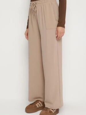Ciemnobeżowe Spodnie z Wiskozą o Szerokim Kroju ze Ściągaczem w Talii Lavirre defox