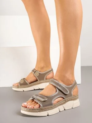 Ciemnobeżowe Sportowe Sandały na Koturnie z Tłoczeniem z Paskami na Rzep Piovana feisal