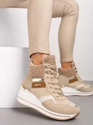 Ciemnobeżowe Streetwearowe Botki na Koturnie z Metalicznymi Wstawkami i Futerkiem Beloraine