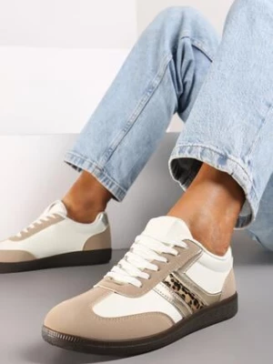 Ciemnobeżowe Stylowe Sneakersy na Płaskiej Podeszwie z Geometrycznymi Przeszyciami Rialine
