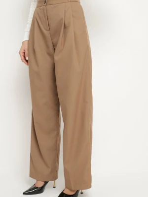 Ciemnobeżowe Szerokie Spodnie Garniturowe High Waist Nalinas Jus De Pom Beżowy
