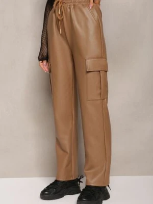 Ciemnobeżowe Szerokie Spodnie High Waist Ocieplone w Stylu Cargo z Gumką w Pasie i Kieszeniami na Klapy Vilencja defox