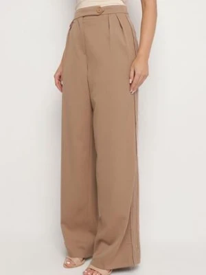 Ciemnobeżowe Szerokie Spodnie High Waist Ozdobione Kieszeniami Zinnoria lefon