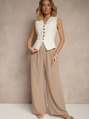 Ciemnobeżowe Szerokie Spodnie High Waist z Wiązaniem w Talii Reivaritta j&x