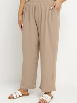 Ciemnobeżowe Szerokie Spodnie z Bawełną i Wysokim Stanem Naitte j&x