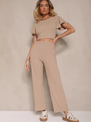 Ciemnobeżowe Szerokie Spodnie z Delikatnie Prążkowanego Materiału Kasaida glo-story