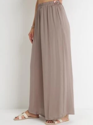 Ciemnobeżowe Szerokie Spodnie z Gumką w Pasie Agate bludeise