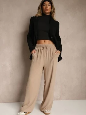 Ciemnobeżowe Szerokie Spodnie z Wiskozą z Gumką w Pasie Lealirre defox