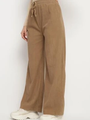 Ciemnobeżowe Szerokie Spodnie z Wysokim Stanem Wiązane Sznurkiem Cosetta defox