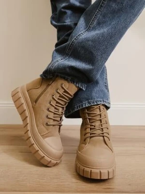 Ciemnobeżowe Sznurowane Botki na Platformie Novit vices