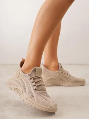 Ciemnobeżowe Sznurowane Buty Sportowe na Grubszej Podeszwie Unamarie vices