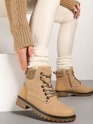 Ciemnobeżowe Sznurowane Casualowe Traperki na Płaskiej Podeszwie Relobia vices